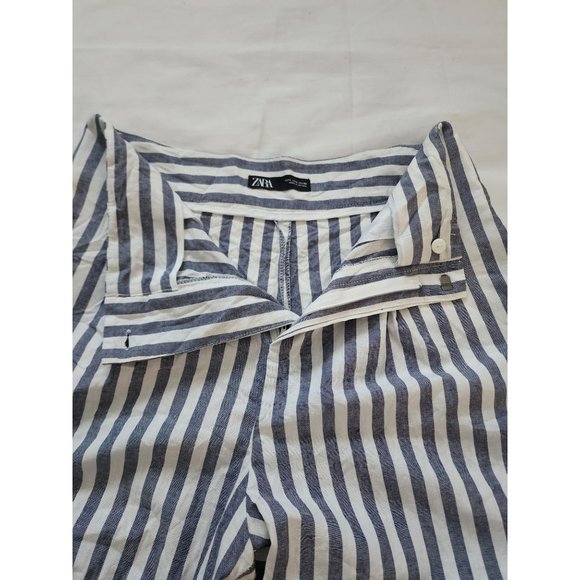 ZARA Women's Blue White Striped Wide Leg Pleated Cropped Pants Size Large - Picture 7 of 16
